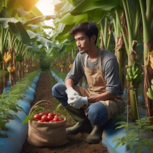 farmer growing tomato between banana plants