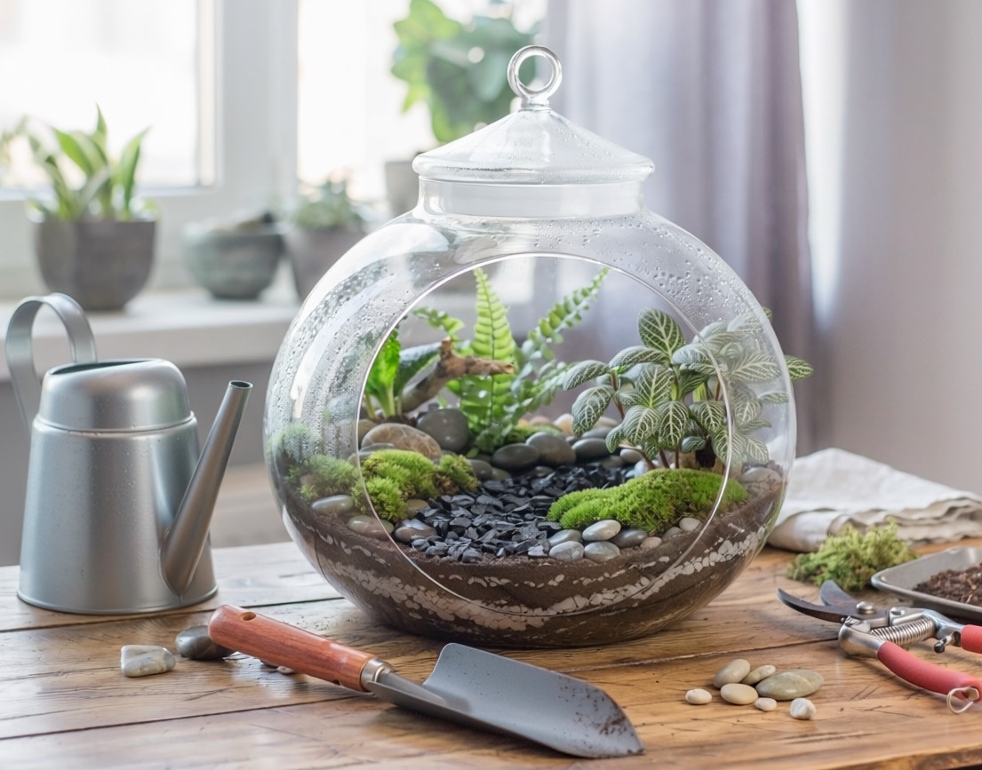 A lush closed houseplant terrarium sitting on a wooden desk next to gardening tools