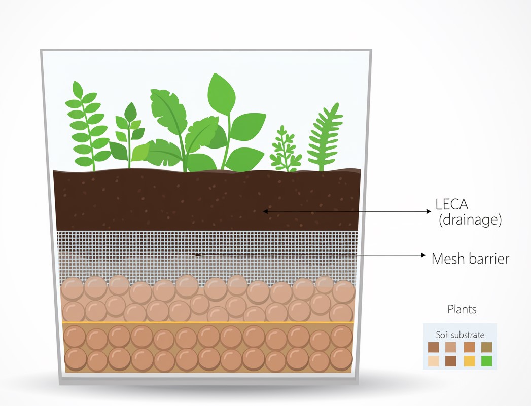 Cross section showing the layers of a terrarium: LECA drainage, mesh, soil, and plants